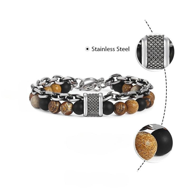 Trendsmax Natural Map Stone Men's Beaded Bracelet | Stainless Steel Jewelry